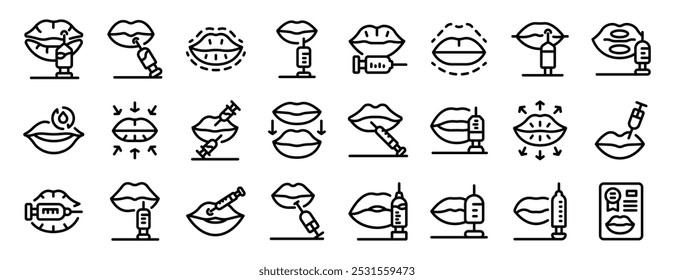 Ícones de injeções de lábio definidos. Este conjunto de ícones representando cirurgia de aumento labial inclui vários métodos de injeção de ácido hialurônico para realce labial