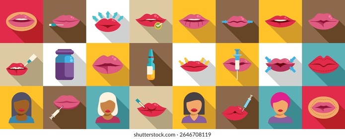  Ícones de injeções de lábio definidos. Vários métodos de aumento labial e procedimentos cosméticos envolvendo injeções e outros tratamentos