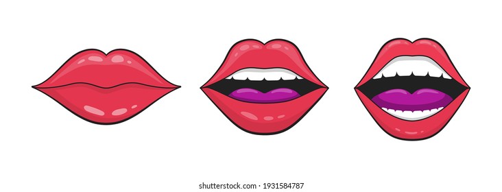 Lip for kiss. Red lips with mouth for love. Smile of lips of girl. Pink female lipstick for beautiful and glamour woman. Cartoon icon for cosmetic. Open and closed mouth with tongue and teeth. Vector.
