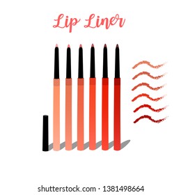 Lip Liner, Lip pencil in packaging opened, Six colors in orange tone , Lip colors swatches in front view