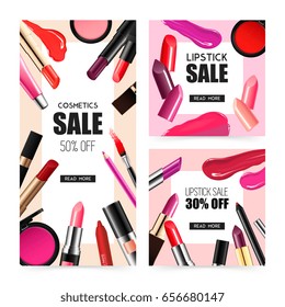 Accesorios de maquillaje de labios 2 banners de venta realistas con colores radiantes de baldosas de labio con pinzas de labios ilustraciones vectoriales aisladas