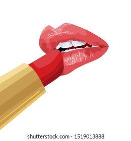 Lip makeup. Concept for cosmetics label, beauty salon, cosmetology procedures, visage and makeup. Isolated on white background.