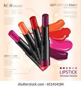 Lip makeup cosmetics information advertisement poster with realistic 4 intense colored lipstick set package introduction vector illustration 