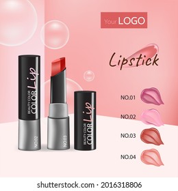 Lip Makeup Elegant Banner Design. Cosmetics Information Advertisement Poster With Realistic 3 Intense Color Lipstick Set Package Introduction Vector Illustration