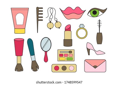 Lip makeup and eye vector illustration. Brushes, mirror, lipstick, mascara, shadows girls design
