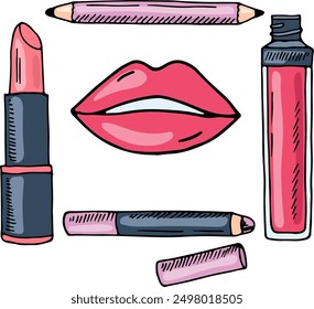 Lip makeup products. Color hand drawn illustration