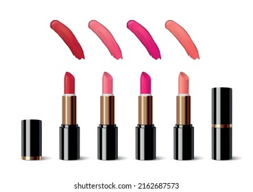 Lip makeup realistic set of colourful lipstick with swatches and tube isolated vector illustration