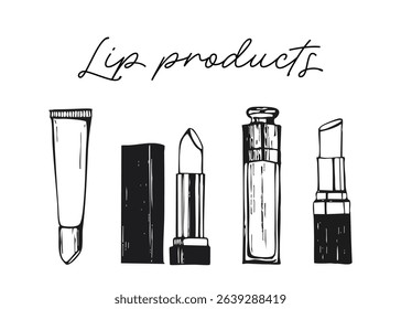 Lip makeup set isolated on white background. Beaty and cosmetics theme hand drawn illustration