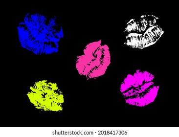 Lip marks brush set of five. Lipstick marks vector set. 5 kiss element pack.