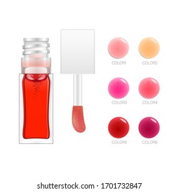 Lip oil packaging template. Red liquid in a transparent bottle with white plastic cap and brush applicator. Beauty makeup product container. Lip gloss mockup. Color swatches round collection.