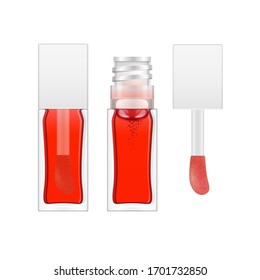 Lip oil packaging template. Red liquid in a transparent bottle with white plastic cap and brush applicator. Beauty makeup product container opened, closed. Lip gloss mockup. 