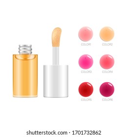 Lip Oil Packaging Template. Yellow Liquid In A Transparent Bottle With White Plastic Cap And Brush Applicator. Beauty Makeup Product Container. Lip Gloss Mockup. Color Swatch Collection.