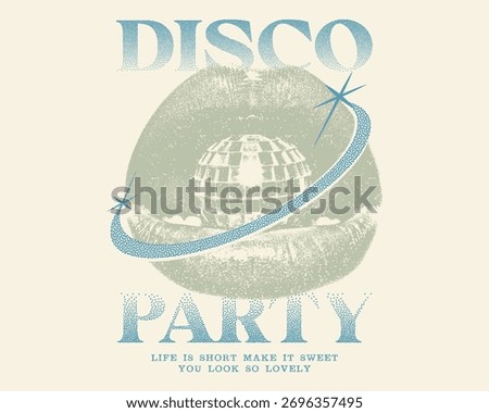 Lip with party ball artwork. Dancing queen disco party. Disco ball t shirt design. Disco party ball graphic print design poster. Modern urban streetwear style with Doted print, apparel, urban fashion