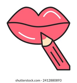 Icono de línea de lápiz Lip aislado. Símbolo de bellos labios rojos y lápiz de maquillaje aplicando pigmento en los labios. Concepto de belleza y moda.