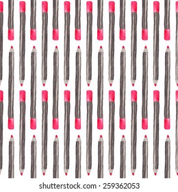 Lip pencil. Seamless watercolor pattern with beauty items on the white background lippencil.  Vector illustration. Hand-drawn background. Original cosmetics background. Useful for invitations,design.