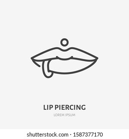 Lip Piercing Line Icon, Vector Pictogram Of Face Jewelry. Piercing Studio Logo, Linear Illustration.