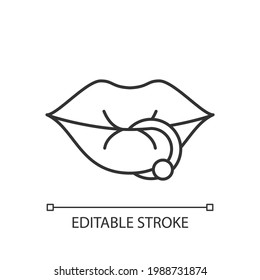 Lip piercing linear icon. Beautiful jewellery type inserted into lip. Metal needles. Thin line customizable illustration. Contour symbol. Vector isolated outline drawing. Editable stroke