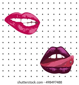 Lip piercing. White background. Geometric pattern.