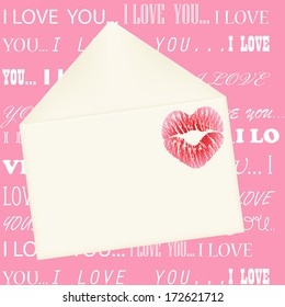 Lip print on the envelope on pint background with I love you message in different font styles