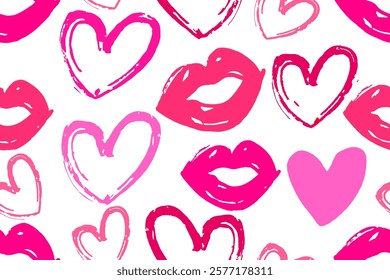 Lip prints with hearts  seamless pattern background.  Fashionable template for design.