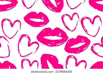 Lip prints with hearts  seamless pattern background.  Fashionable template for design.