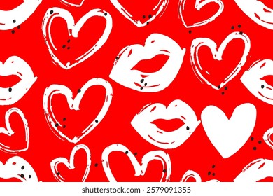 Lip prints with hearts  seamless pattern background.  Fashionable template for design.