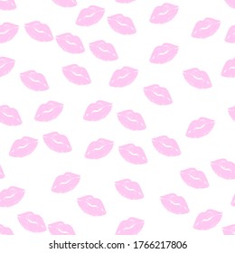 Lip sin fisuras. Siluetas de besos de lápiz labial rosa, diferentes formas de labios de glamour sexy femenina. Impresión romántica interminable para el día de San Valentín, belleza y antecedentes de vectores cosméticos sobre blanco