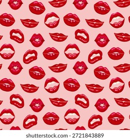 Lip set. Seamless pattern with sexy lips. Red lipstick, kiss, symbol of love and passion. Girls and women. Vector illustration.