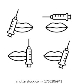 Lip shape correction icon set. Botox or hyaluronic acid injection. Linear black illustration of plastic with filler, lip augmentation, facial rejuvenation. Contour isolated vector, white background