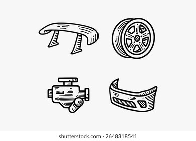 spoiler de lábio de corrida, modular spoke, motor em linha, para-choques dianteiro, roda de carro gravando doodle ilustração vetor design conjunto para automotivo, corrida, garagem, oficina, veículo, serviço personalizado, reparação