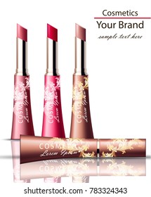 Lip stick Cosmetics packaging mock up Vector realistic. Beauty fashion make up brand designs