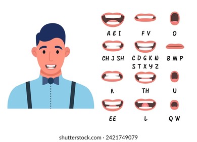 Lip sync collection for animation. Cartoon male character mouth and lips sync for sound pronunciation. Vector illustration.