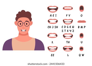 Colección de sincronización de labios para animación. Caricatura masculina. Ilustración vectorial.