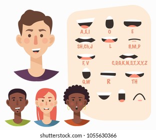 Lip sync collection for animation. Casual man,woman. Flat style vector illustration 