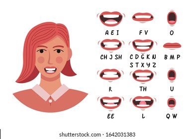 Lip sync collection for animation and education. Cartoon character mouth and lips sync for sound pronunciation. Learning English alpabet vector illustration.