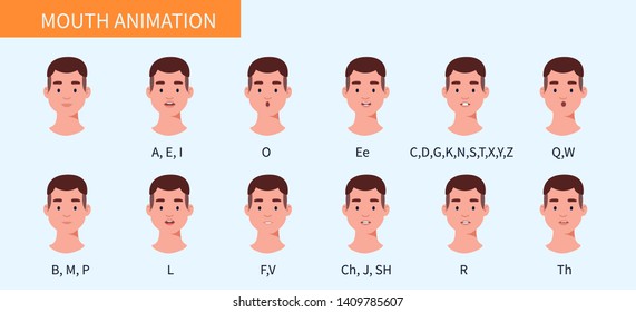 Lip sync collection for animation. Flat style vector illustration isolated on white background.  