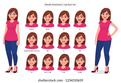 Lip sync collection for animation. Set of the mouth position for talking female character animation. Concept illustration in vector cartoon style.