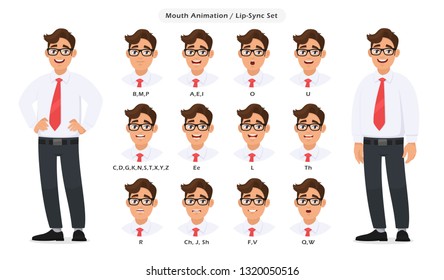 Lip sync collection and sound pronunciation for male character's talking/speaking animation. Set of the mouth animation pronouncing words for standing businessman poses in white background.