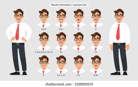 Lip sync collection and sound pronunciation for male character's talking/speaking animation. Set of the mouth animation pronouncing words for standing businessman poses in gray/grey background.