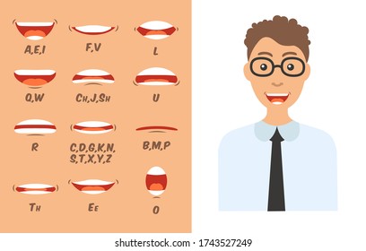 Lip and tongue sync set for animation and sound pronunciation. Human mouth cartoon collection in a flat cartoon style. Character face elements. Vector illustration in a trendy design.