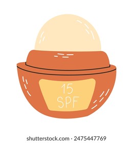 Lip treatment with sun protection. Sunscreen for lips. Balm, lipstick, shine, butterstick. Packaging, bottle, tube. Vector illustration isolated on white background in hand drawn style