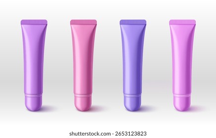 Tubo de lábio ajustado com recipientes de plástico colorido apertar - tons roxos e rosa com tampas com nervuras. Mockups de embalagem cosmética lustrosa para produtos de bálsamo brilhante. Modelos de marca de beleza para produtos de maquiagem