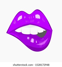 lip vector, purple lip icon or mark, sensuality of woman's lips.