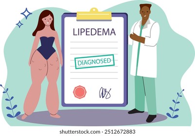 Ilustração do conceito de Lipedema. Médico do sexo masculino e paciente do sexo feminino gorda