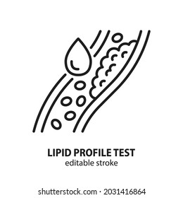 Lipid profile test icon. Cholesterol in human blood vessel line symbol. Atherosclerosis sign. Editable stroke.