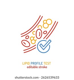 Icono de prueba de perfil lipídico. LDL, HDL, triglicéridos. Pictograma de contorno. Evaluación del riesgo cardiovascular y monitoreo de los niveles de grasa en la sangre. Ilustración vectorial. Trazo editable