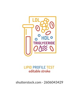 Lipid profile test icon. Outline pictogram with cholesterol components: LDL, HDL, triglycerides. Cardiovascular risk assessment and monitoring blood fat levels. Vector illustration. Editable stroke