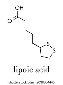 Lipoic acid enzyme cofactor molecule. Present in many nutritional supplements. Believed to have anti-oxidant, anti-aging and weight-loss effects. Skeletal formula.