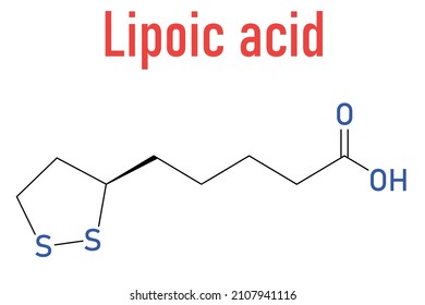 Lipoic acid enzyme cofactor molecule. Present in many nutritional supplements. Believed to have anti-oxidant, anti-aging and weight-loss effects. Skeletal formula.