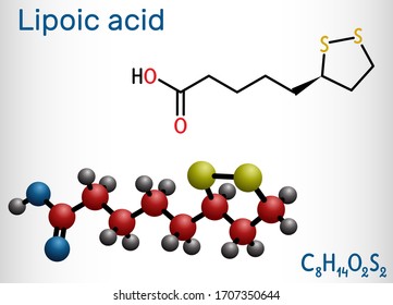 Lipoic acid, LA, ALA,  alpha lipoic, thioctic acid, lipoate molecule. It is organosulfur compound, vitamin-like antioxidant, enzyme cofactor. Structural formula, molecule model. Vector illustration